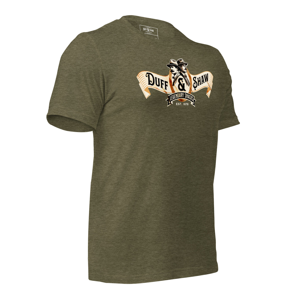 Duff & Shaw - Vintage Logo Shirt in heather olive unisex T-shirt, right-front view – Duff & Shaw