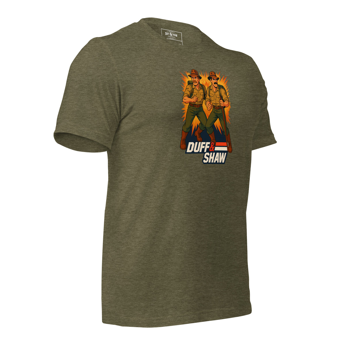 Duff & Shaw - American Hero in heather olive unisex T-shirt, right-front view – Duff & Shaw