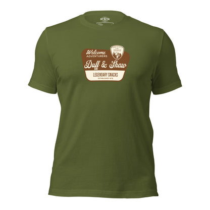 National Park Conspiracy in olive unisex T-shirt, front view – Duff & Shaw