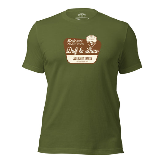 National Park Conspiracy in olive unisex T-shirt, front view – Duff & Shaw