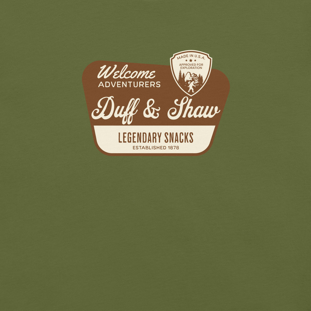 National Park Conspiracy in olive unisex T-shirt, front view – Duff & Shaw