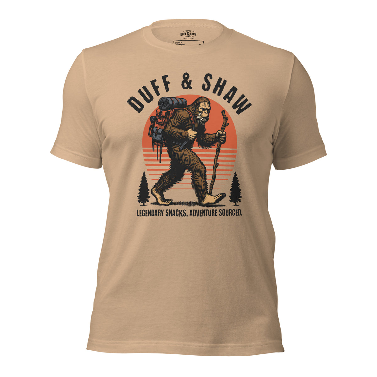 Bigfoot Hike Unisex T-Shirt in tan unisex T-shirt, front view – Duff & Shaw