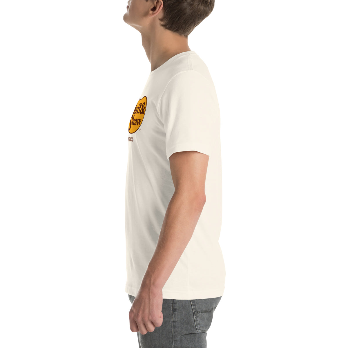 Duff & Shaw Barrel Logo Tee in vintage white unisex T-shirt, left-side view – Duff & Shaw