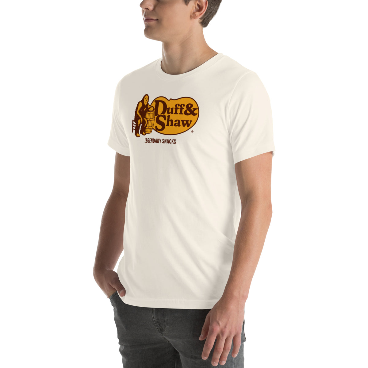 Duff & Shaw Barrel Logo Tee in vintage white unisex T-shirt, left-front view – Duff & Shaw