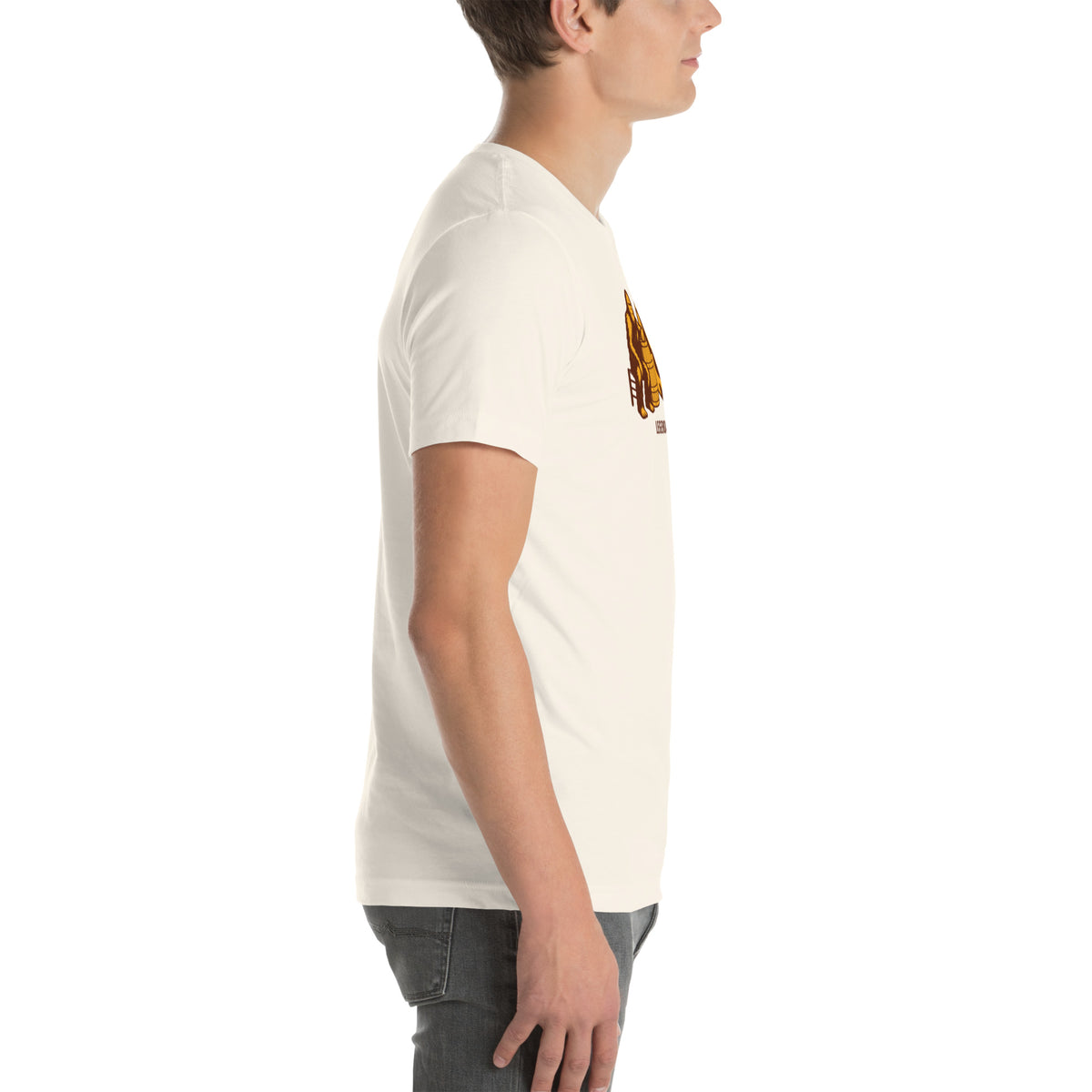 Duff & Shaw Barrel Logo Tee in vintage white unisex T-shirt, right-side view – Duff & Shaw