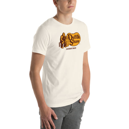 Duff & Shaw Barrel Logo Tee in vintage white unisex T-shirt, right-front view – Duff & Shaw
