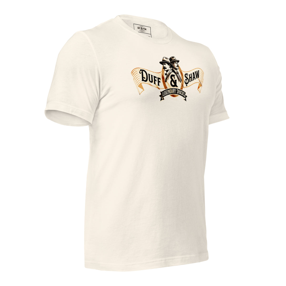 Duff & Shaw - Vintage Logo Shirt in vintage white unisex T-shirt, right-front view – Duff & Shaw